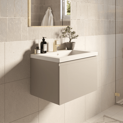 Meuble de salle de bain suspendu finition greige avec lavabo blanc - 60 cm - Modena