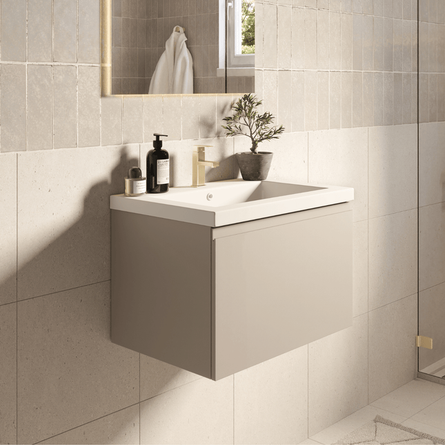 Meuble de salle de bain suspendu finition greige avec lavabo blanc - 60 cm - Modena