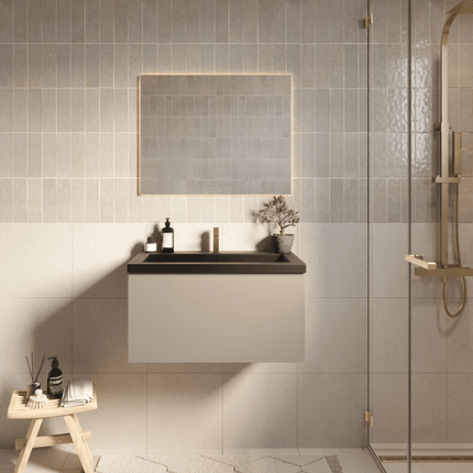Meuble de salle de bain suspendu finition greige avec vasque noire - 80 cm - Modena