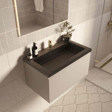 Meuble de salle de bain suspendu finition greige avec vasque noire - 80 cm - Modena