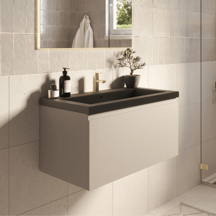 Meuble de salle de bain suspendu finition greige avec vasque noire - 80 cm - Modena