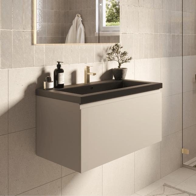 Meuble de salle de bain suspendu finition greige avec vasque noire - 80 cm - Modena