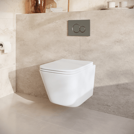 Toilette suspendue sans rebord avec réservoir encastré - Blanc - Plaque ronde Gunmetal - Linea