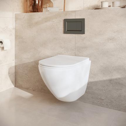 Toilette suspendue ronde avec réservoir encastré - Blanc - Plaque carrée gunmetal - Linea