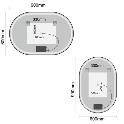 Miroir ovale avec éclairage LED réglable - cadre noir - 90 cm - Tanger