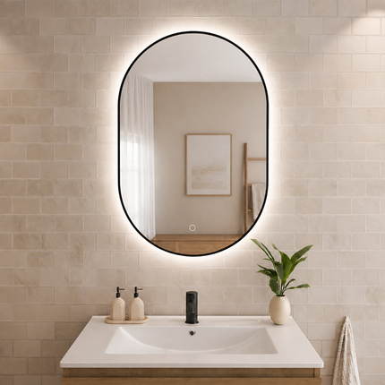 Miroir ovale avec éclairage LED réglable - cadre noir - 90 cm - Tanger