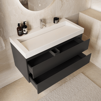 Meuble de salle de bains suspendu design avec lavabo incliné en marbre minéral - Noir mat et blanc - 100 cm - Zarivo
