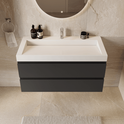 Meuble de salle de bains suspendu design avec lavabo incliné en marbre minéral - Noir mat et blanc - 100 cm - Zarivo