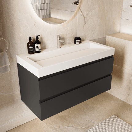 Meuble de salle de bains suspendu design avec lavabo incliné en marbre minéral - Noir mat et blanc - 100 cm - Zarivo