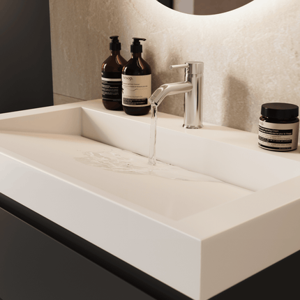 Meuble de salle de bains suspendu design avec vasque inclinée en marbre minéral - Noir et blanc - 100 cm - Azuro