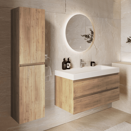 Meuble de salle de bains suspendu chêne clair avec vasque inclinée en marbre minéral - blanc - 100 cm - Azuro