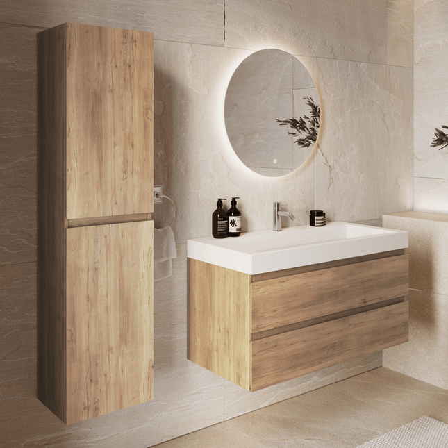 Meuble de salle de bains suspendu chêne clair avec vasque inclinée en marbre minéral - blanc - 100 cm - Azuro
