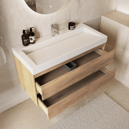 Meuble de salle de bains suspendu chêne clair avec vasque inclinée en marbre minéral - blanc - 100 cm - Azuro