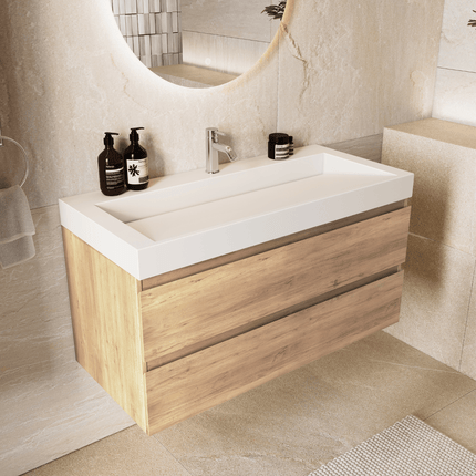 Meuble de salle de bains suspendu chêne clair avec vasque inclinée en marbre minéral - blanc - 100 cm - Azuro