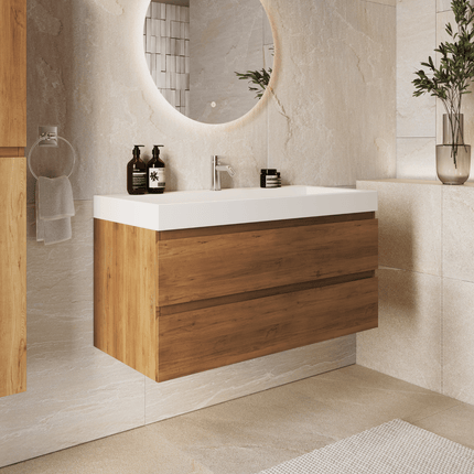Meuble de salle de bains suspendu Warm Chêne avec lavabo incliné en marbre minéral - Blanc - 100 cm - Azuro