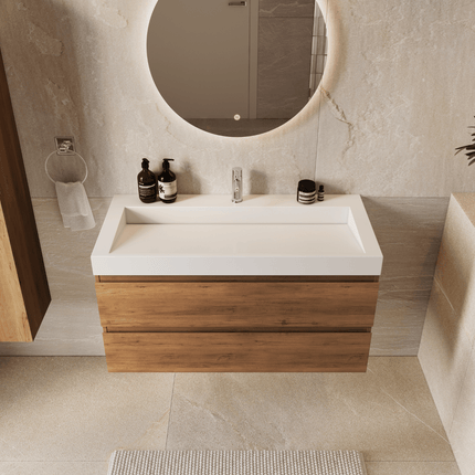 Meuble de salle de bains suspendu Warm Chêne avec lavabo incliné en marbre minéral - Blanc - 100 cm - Azuro