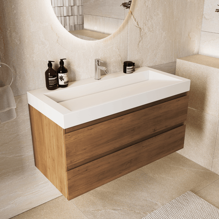 Meuble de salle de bain suspendu chêne chaud avec vasque inclinée en marbre minéral - blanc - 100 cm - Zarivo