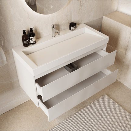 Meuble sous vasque suspendu blanc brillant avec vasque en marbre minéral - Blanc - 100 cm - Zarivo
