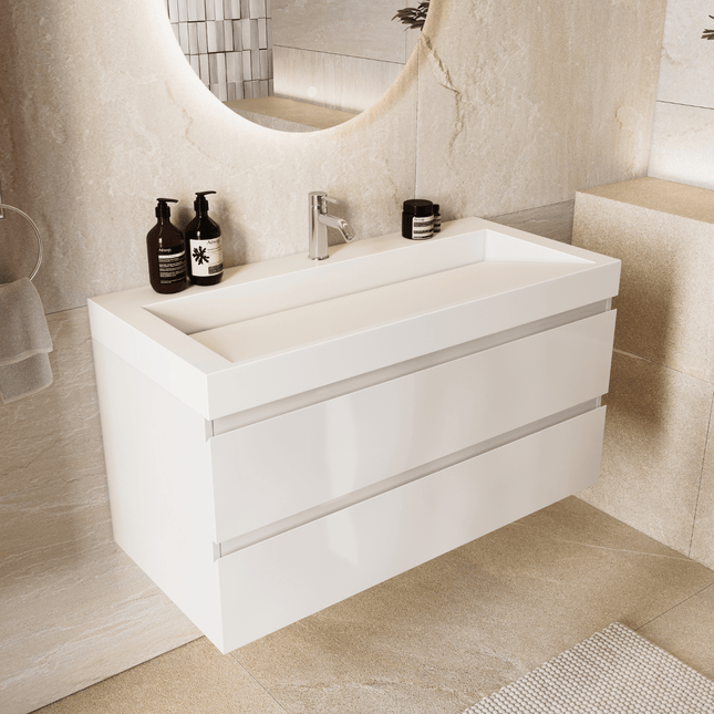 Meuble sous vasque suspendu blanc brillant avec vasque en marbre minéral - Blanc - 100 cm - Zarivo
