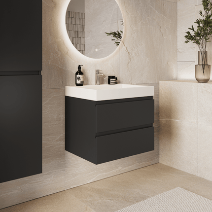 Meuble de salle de bain suspendu avec lavabo en marbre minéral - Noir et blanc - 60 cm - Azuro