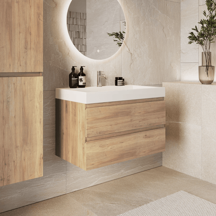 Meuble de salle de bain suspendu chêne avec lavabo incliné marbre minéral - blanc - 80 cm - Azuro