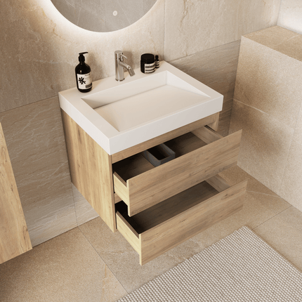 Meuble de salle de bains suspendu finition chêne clair avec vasque inclinée en marbre minéral - blanc - 60 cm - Azuro