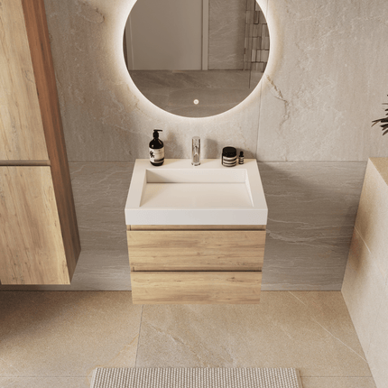 Meuble de salle de bain suspendu finition chêne clair avec vasque en marbre minéral - blanc - 60 cm - Zarivo