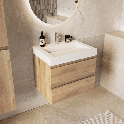 Meuble de salle de bains suspendu finition chêne clair avec vasque inclinée en marbre minéral - blanc - 60 cm - Azuro