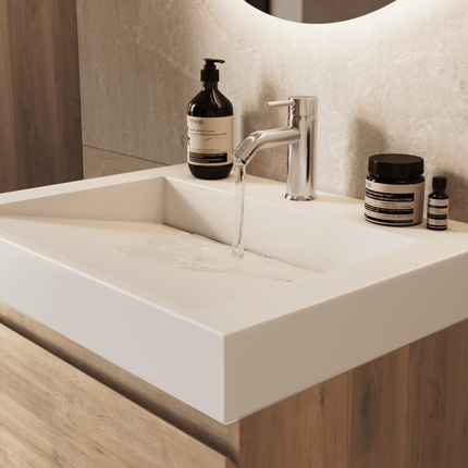 Meuble de salle de bain suspendu finition chêne clair avec vasque en marbre minéral - blanc - 60 cm - Zarivo