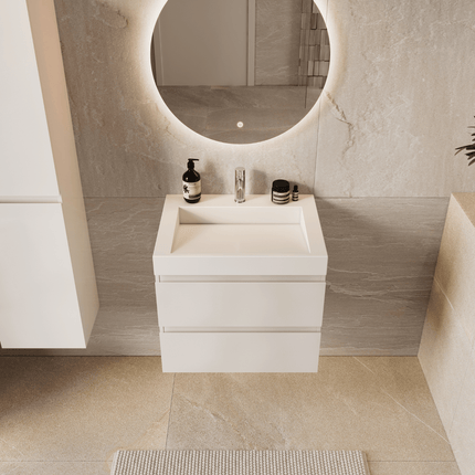 Meuble sous-vasque suspendu blanc brillant avec vasque marbre minéral inclinée - 60 cm - Zarivo