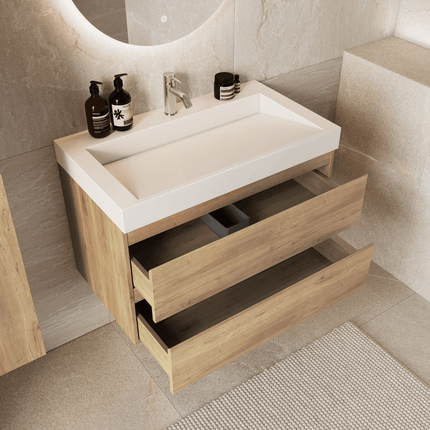 Meuble de salle de bain suspendu chêne avec lavabo incliné marbre minéral - blanc - 80 cm - Azuro
