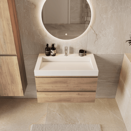 Meuble de salle de bain suspendu chêne clair avec vasque en marbre minéral blanche - 80 cm - Zarivo