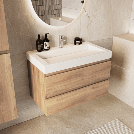 Meuble de salle de bain suspendu chêne avec lavabo incliné marbre minéral - blanc - 80 cm - Azuro