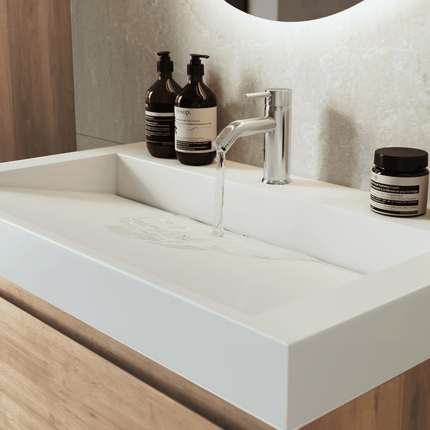Meuble de salle de bain suspendu chêne clair avec vasque en marbre minéral blanche - 80 cm - Zarivo
