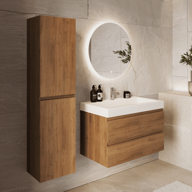 Meuble de salle de bain suspendu finition chêne chaud avec lavabo incliné en marbre minéral - blanc - 80 cm - Azuro