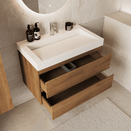 Meuble de salle de bain suspendu finition chêne chaud avec lavabo incliné en marbre minéral - blanc - 80 cm - Azuro