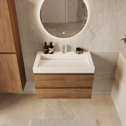 Meuble de salle de bain suspendu finition chêne chaud avec vasque en marbre minéral blanche - 80 cm - Zarivo