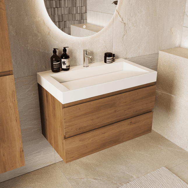 Meuble de salle de bain suspendu finition chêne chaud avec vasque en marbre minéral blanche - 80 cm - Zarivo