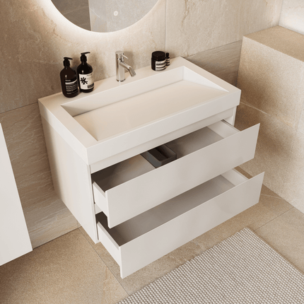 Meuble de salle de bain suspendu brillant avec lavabo incliné - Blanc - 80 cm - Zarivo