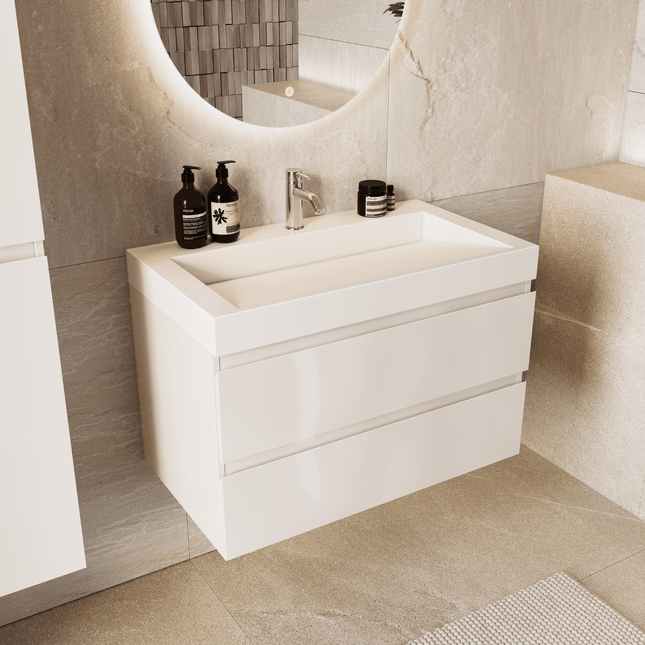 Meuble de salle de bain suspendu brillant avec lavabo incliné - Blanc - 80 cm - Zarivo