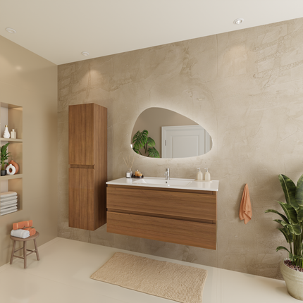 Ensemble meuble de salle de bain suspendu chêne chaud avec vasque blanche marbre minéral - 100 cm - Verona