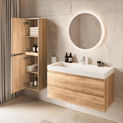 Meuble de salle de bains suspendu chêne clair avec vasque inclinée en marbre minéral - blanc - 100 cm - Azuro