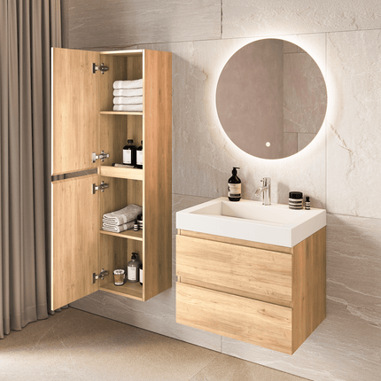 Meuble de salle de bains suspendu finition chêne clair avec vasque inclinée en marbre minéral - blanc - 60 cm - Azuro