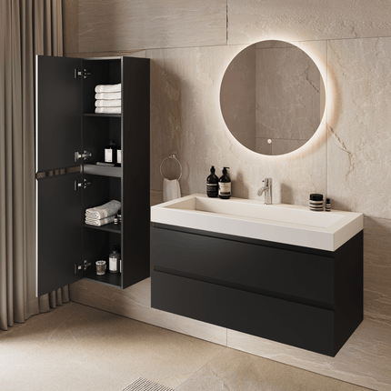 Meuble de salle de bains suspendu design avec vasque inclinée en marbre minéral - Noir et blanc - 100 cm - Azuro