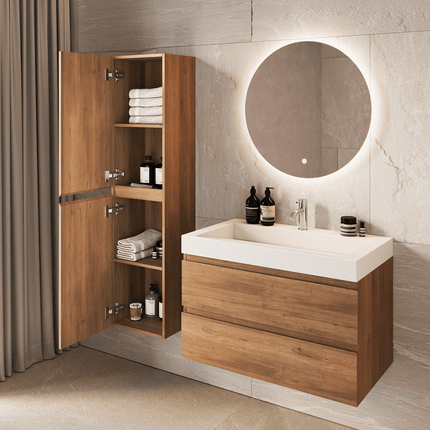 Meuble de salle de bain suspendu finition chêne chaud avec lavabo incliné en marbre minéral - blanc - 80 cm - Azuro