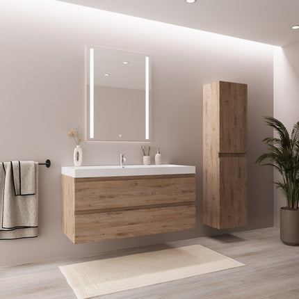 Meuble de salle de bain suspendu avec vasque blanche - Chêne clair - 100 cm - Avalon