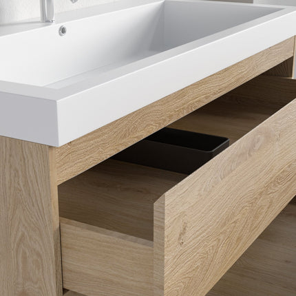 Meuble de salle de bain suspendu avec vasque blanche - Chêne clair - 100 cm - Avalon