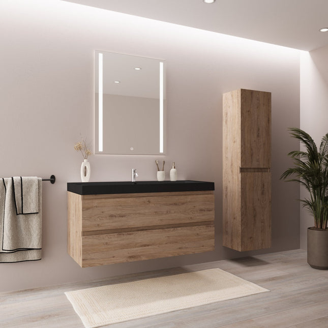 Meuble de salle de bain suspendu avec vasque noire - Chêne clair - 100 cm - Avalon