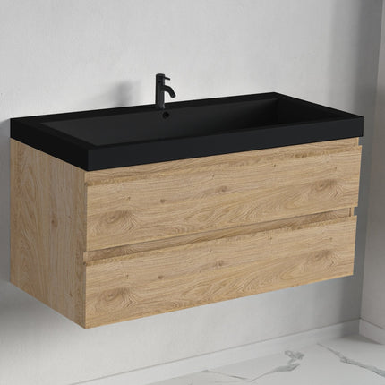 Meuble de salle de bain suspendu avec vasque noire - Chêne clair - 100 cm - Avalon