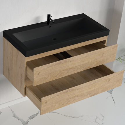 Meuble de salle de bain suspendu avec vasque noire - Chêne clair - 100 cm - Avalon